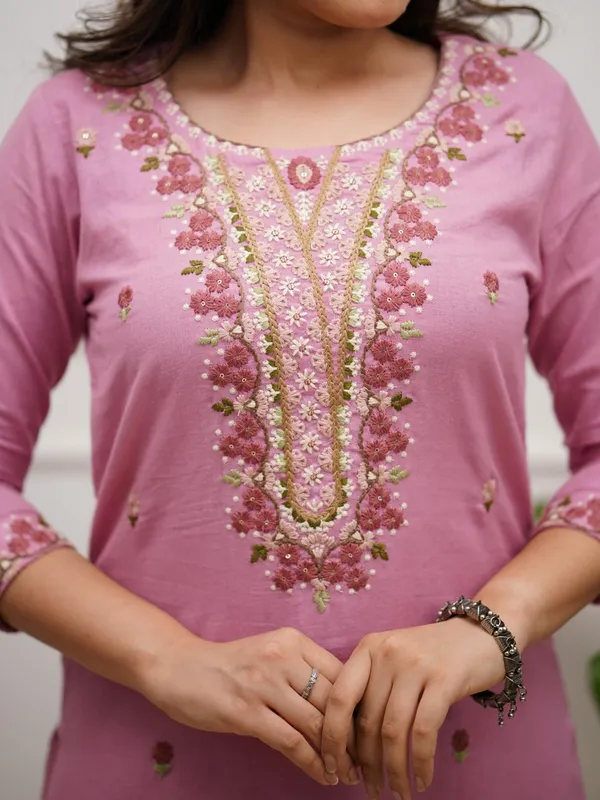 Pink_Cotton_Rose_Embroidered_Kurta_Pant_Dupatta_Set_For_Women