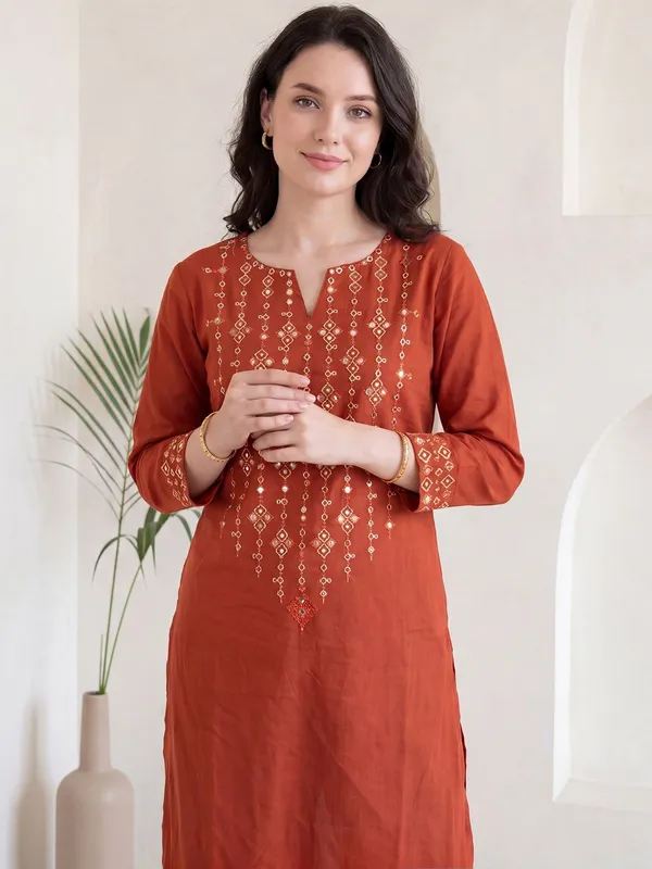 Rust_Embroidered_Straight_Kurta_Trousers_Set