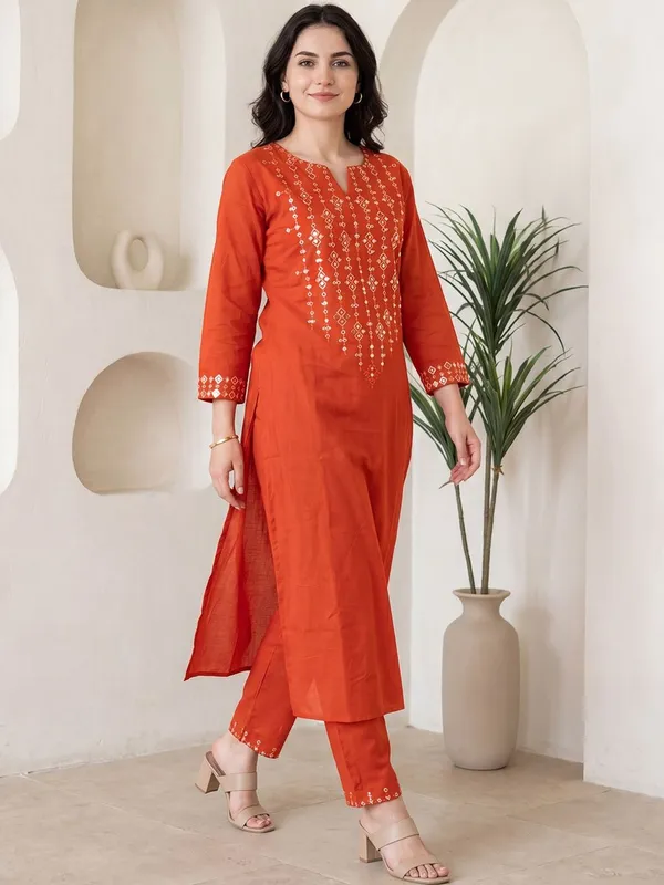 Rust_Embroidered_Straight_Kurta_Trousers_Set