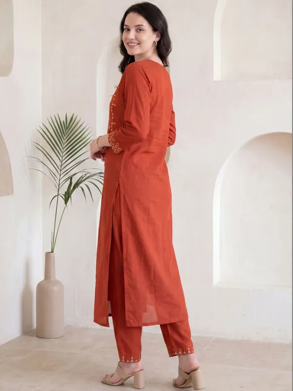 Rust_Embroidered_Straight_Kurta_Trousers_Set