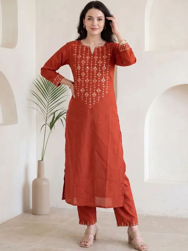Rust_Embroidered_Straight_Kurta_Trousers_Set