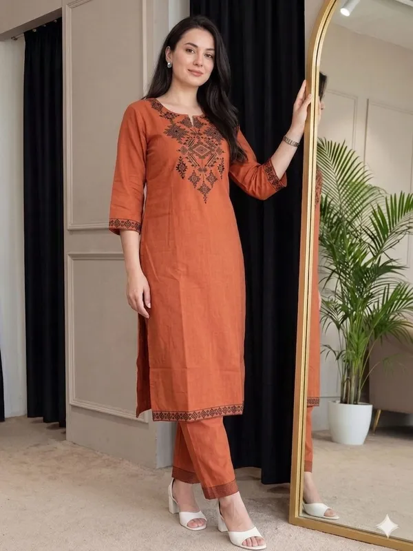 Rust_Cotton_Flex_Embroidered_Kurta_Pant_Set_For_Women