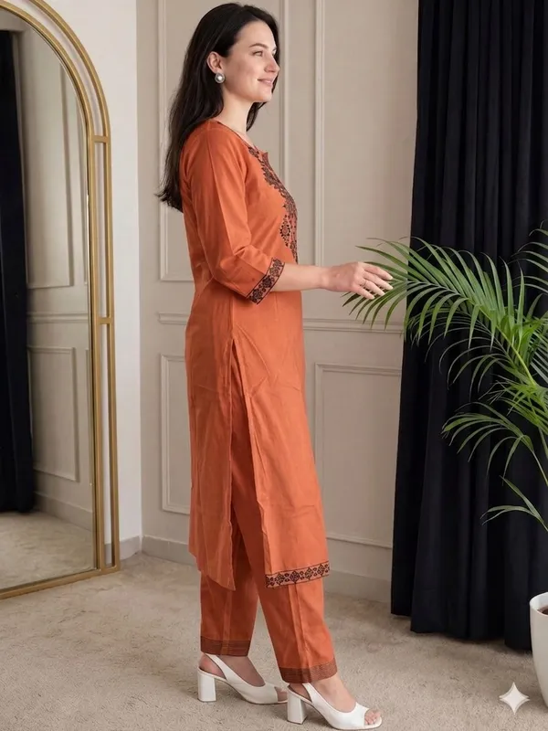 Rust_Cotton_Flex_Embroidered_Kurta_Pant_Set_For_Women