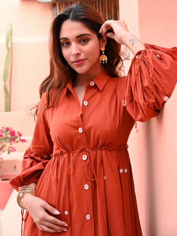 Rust_Orange_Cotton_Mirror_Work_Gown_For_Women