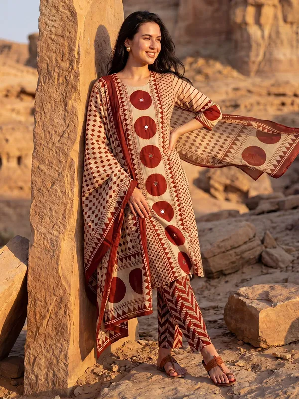 Rust_Cotton_Printed_Straight_Kurta_Pant_Dupatta_Set_For_Women