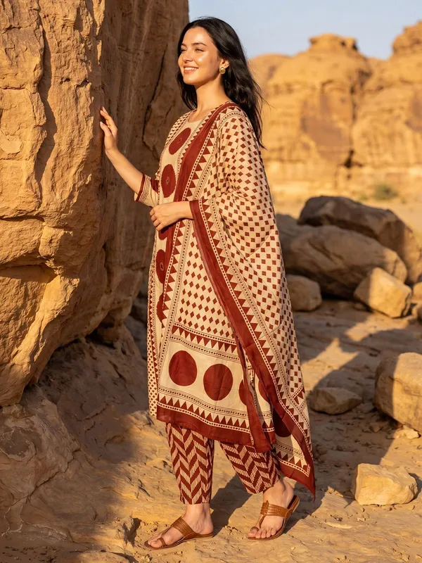 Rust_Cotton_Printed_Straight_Kurta_Pant_Dupatta_Set_For_Women