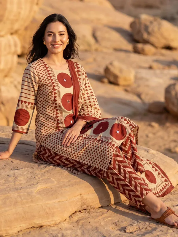 Rust_Cotton_Printed_Straight_Kurta_Pant_Dupatta_Set_For_Women