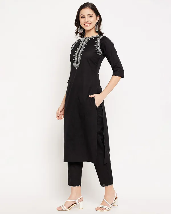 Black_Cotton_Embroidered_Straight_Kurta_With_Trousers_For_Women