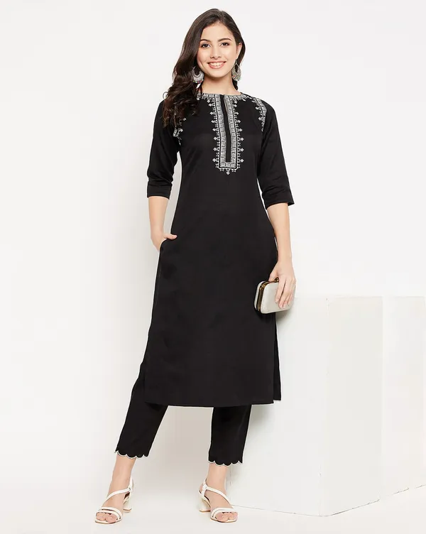 Black_Cotton_Embroidered_Straight_Kurta_With_Trousers_For_Women