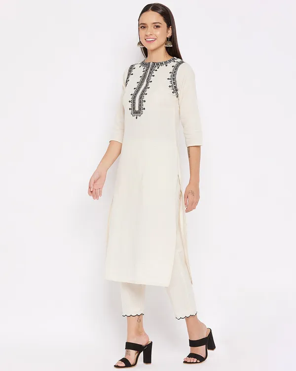 Off_White_Cotton_Straight_Embroidered_Kurta_With_Trousers_For_Women