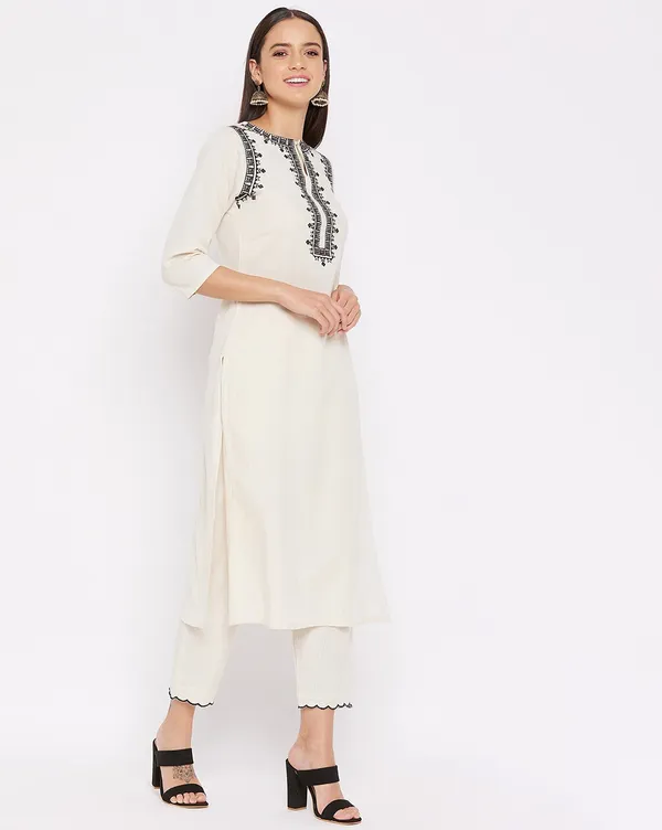 Off_White_Cotton_Straight_Embroidered_Kurta_With_Trousers_For_Women