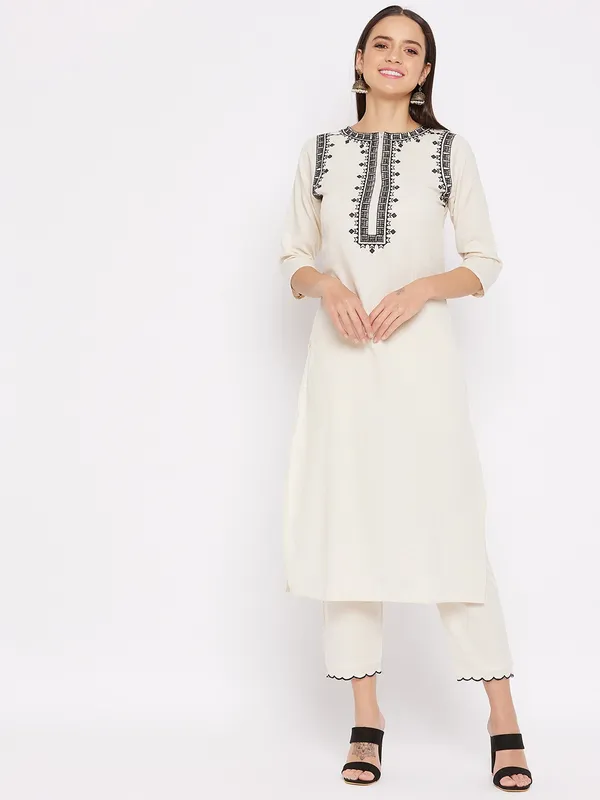 Off_White_Cotton_Straight_Embroidered_Kurta_With_Trousers_For_Women