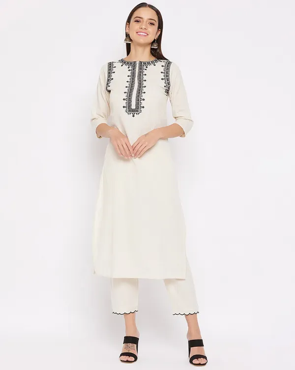 Off_White_Cotton_Straight_Embroidered_Kurta_With_Trousers_For_Women