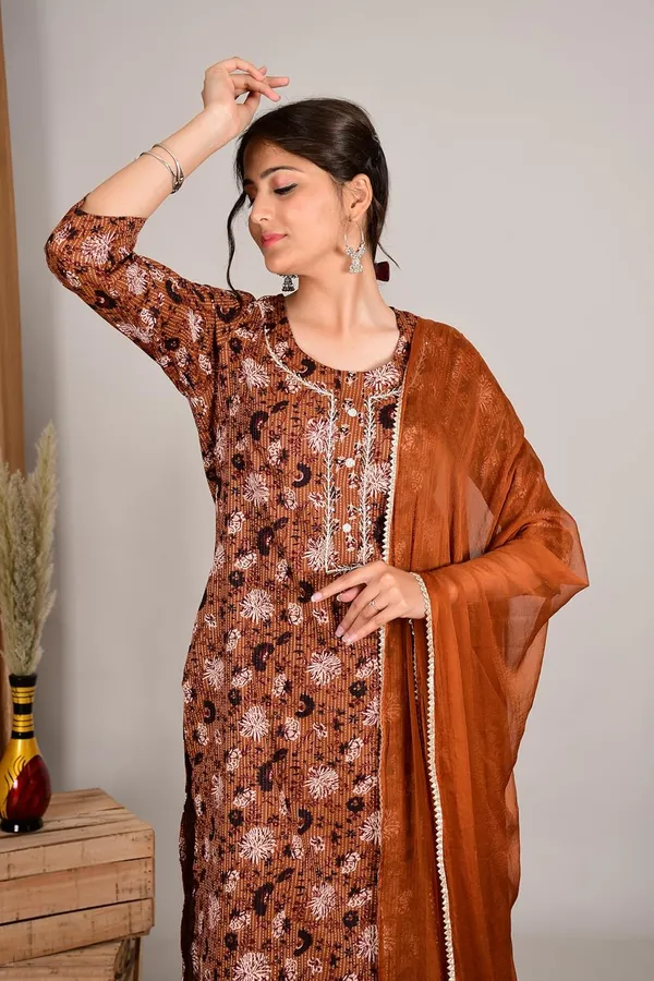 Brown_Cotton_Premium_Kurta_Set_For_Women