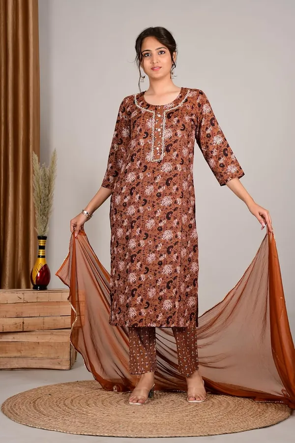 Brown_Cotton_Premium_Kurta_Set_For_Women