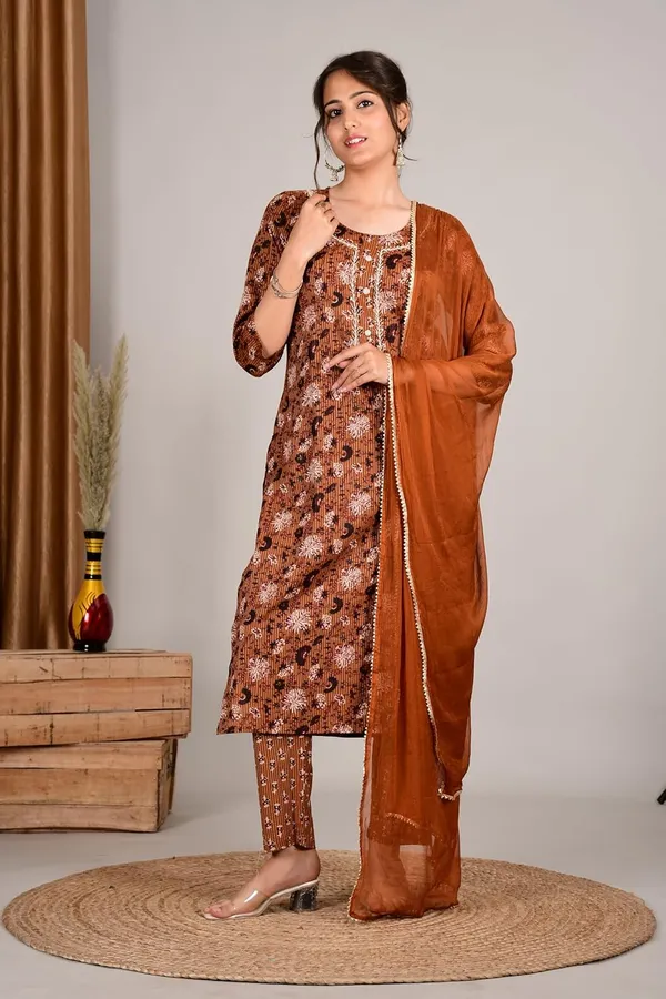 Brown_Cotton_Premium_Kurta_Set_For_Women