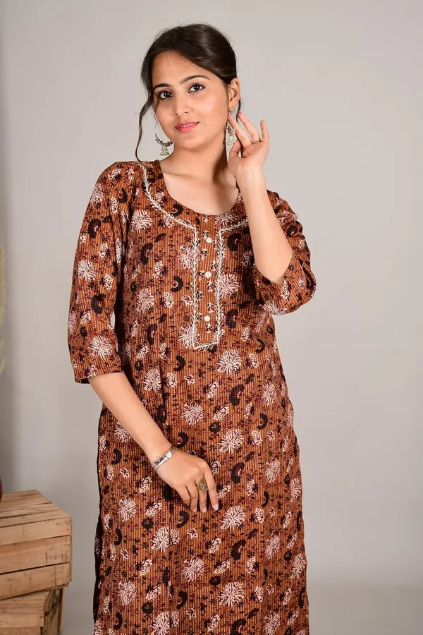 Brown_Cotton_Premium_Kurta_Set_For_Women
