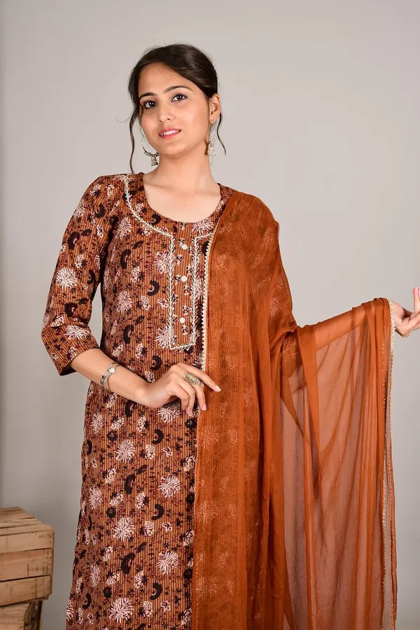 Brown_Cotton_Premium_Kurta_Set_For_Women