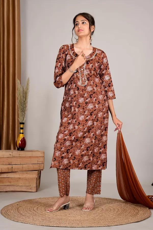 Brown_Cotton_Premium_Kurta_Set_For_Women