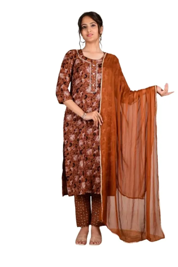 Brown_Cotton_Premium_Kurta_Set_For_Women
