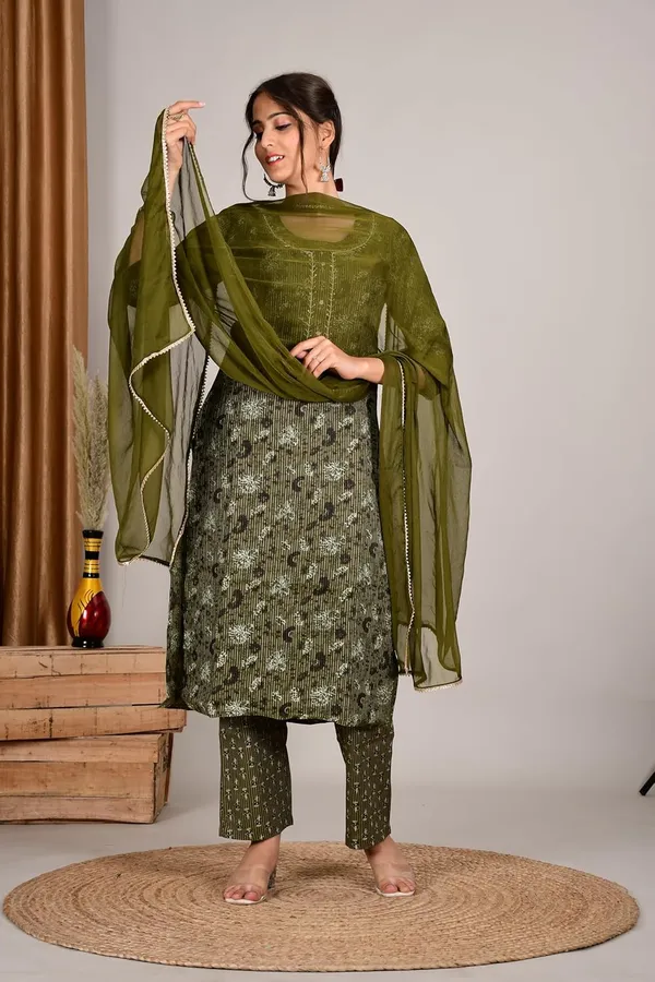 Olivegreen_Cotton_Premium_Kurta_Set_For_Women