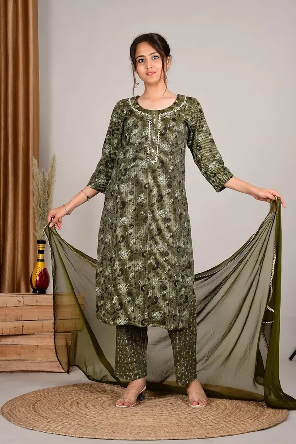 Olivegreen_Cotton_Premium_Kurta_Set_For_Women
