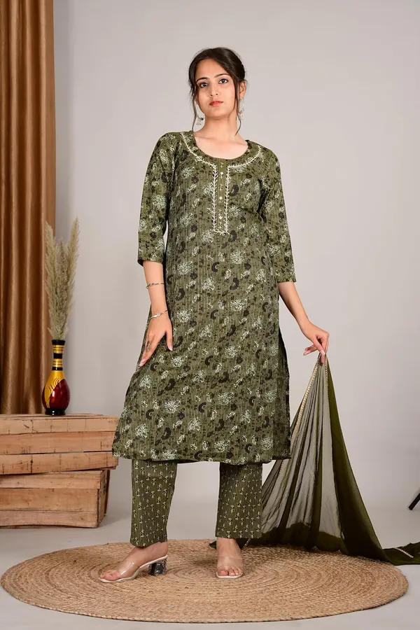 Olivegreen_Cotton_Premium_Kurta_Set_For_Women