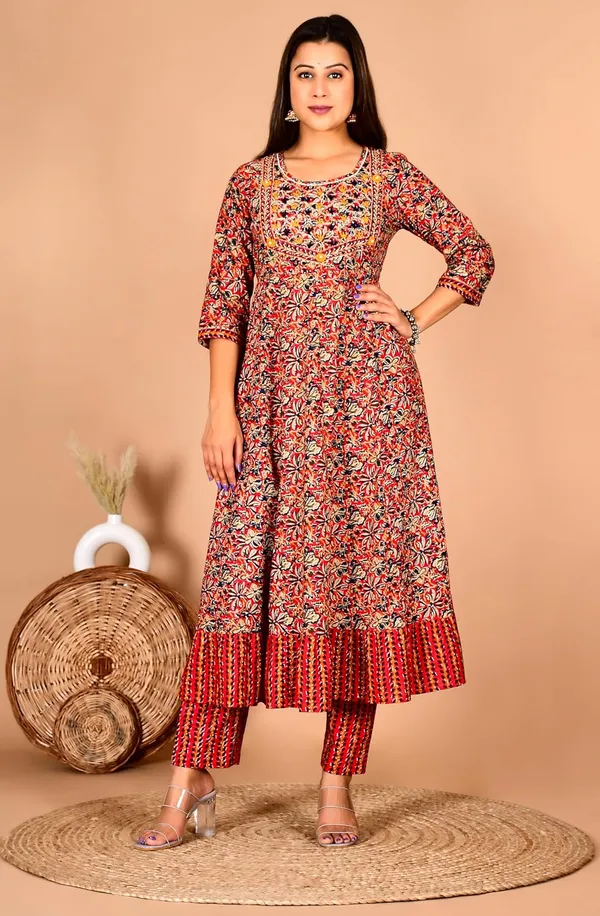 Red_Cotton_Premium_Anarkali_Kurta_Set_For_Women