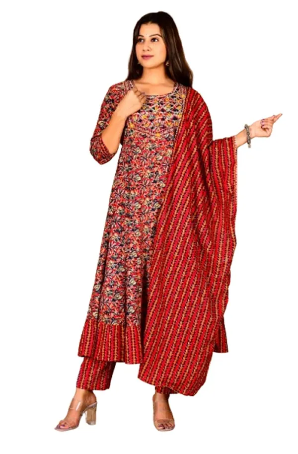 Red_Cotton_Premium_Anarkali_Kurta_Set_For_Women