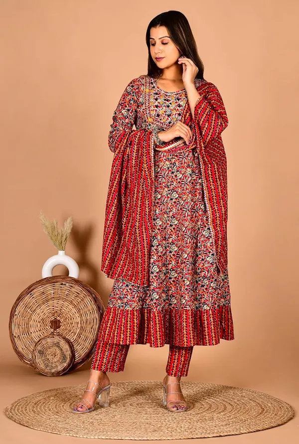 Red_Cotton_Premium_Anarkali_Kurta_Set_For_Women