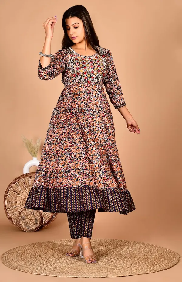 Navyblue_Cotton_Premium_Anarkali_Kurta_Set_For_Women