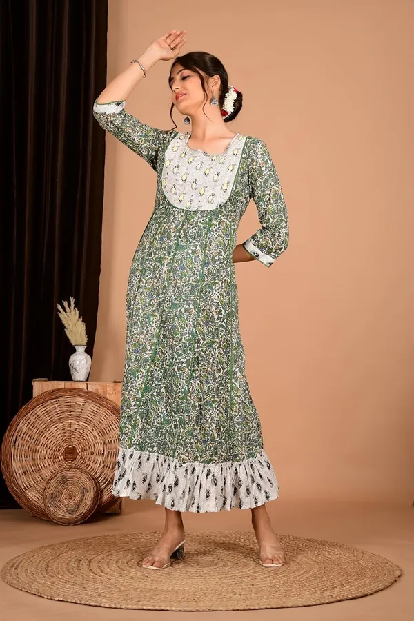 Green_Cotton_Premium_Gown_Kurta_For_Women