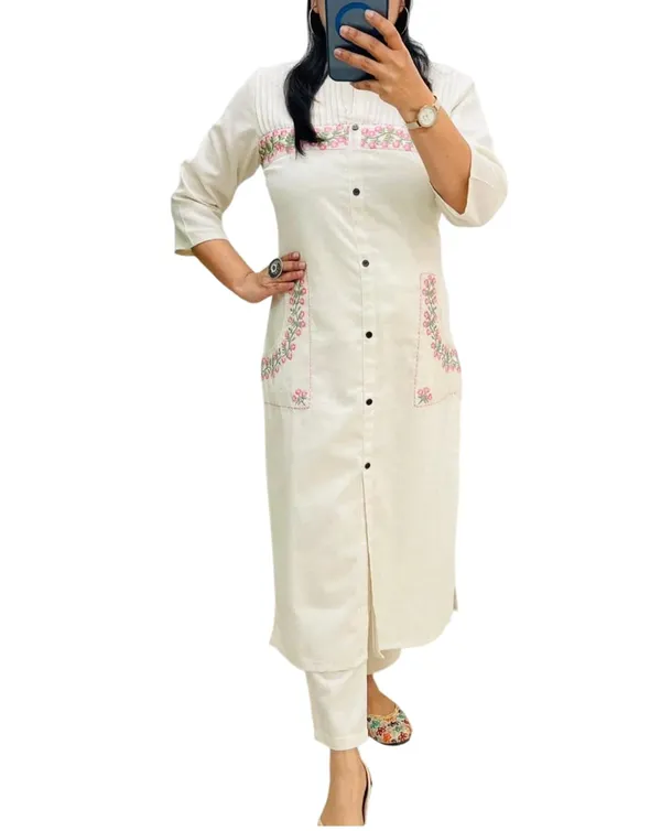 White_Rayon_Premium_Kurta_Pant_Set_For_Women