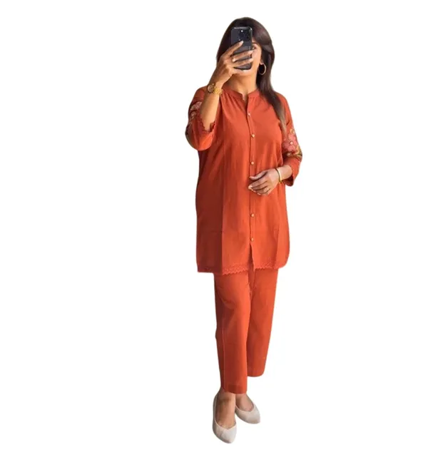 Rust_Rayon_Premium_Embroidered_Kurta_Set_For_Women