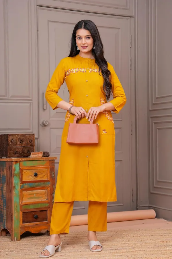 Mustard_Rayon_Premium_Kurta_Pant_Set_For_Women