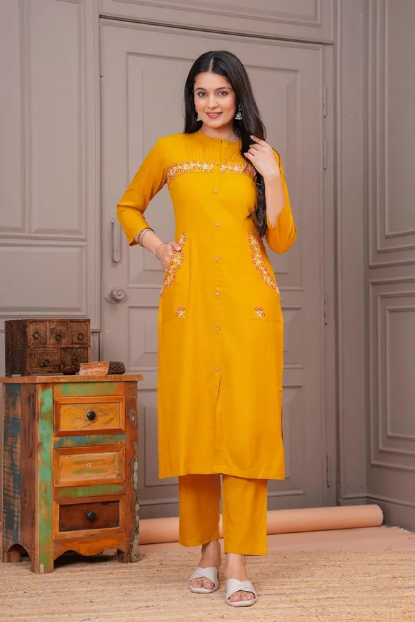 Mustard_Rayon_Premium_Kurta_Pant_Set_For_Women