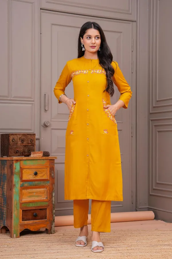 Mustard_Rayon_Premium_Kurta_Pant_Set_For_Women