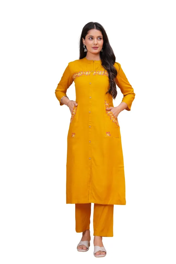 Mustard_Rayon_Premium_Kurta_Pant_Set_For_Women