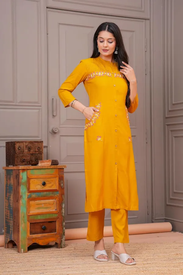 Mustard_Rayon_Premium_Kurta_Pant_Set_For_Women