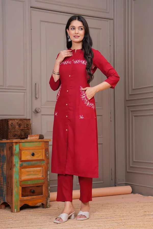 Maroon_Rayon_Premium_Kurta_Pant_Set_For_Women
