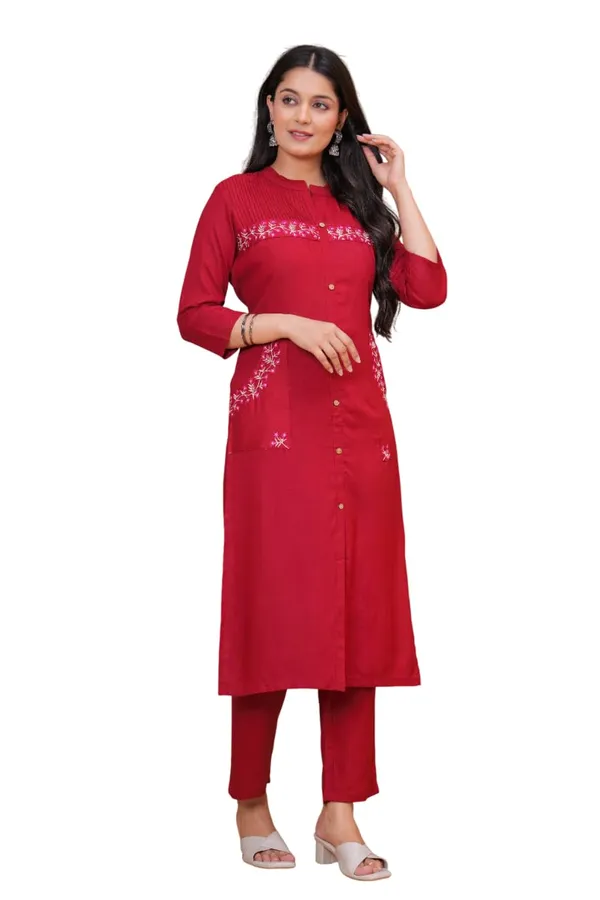 Maroon_Rayon_Premium_Kurta_Pant_Set_For_Women