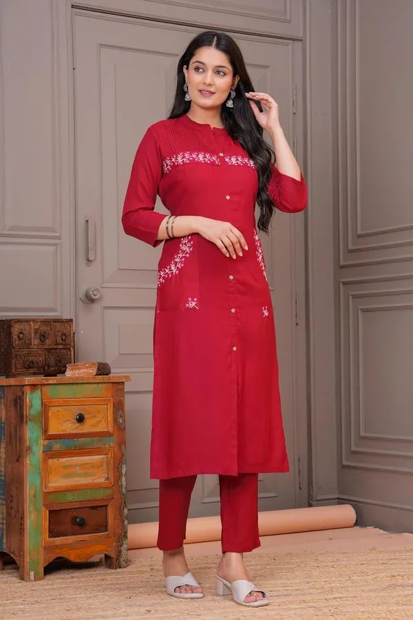 Maroon_Rayon_Premium_Kurta_Pant_Set_For_Women