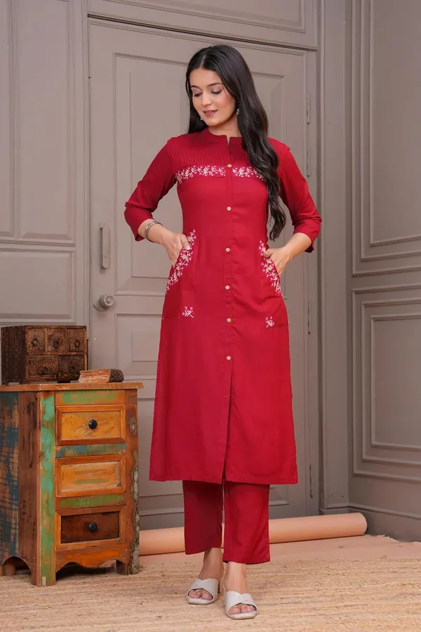 Maroon_Rayon_Premium_Kurta_Pant_Set_For_Women
