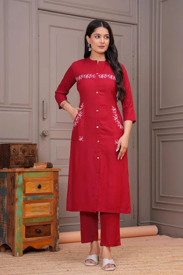 Maroon_Rayon_Premium_Kurta_Pant_Set_For_Women