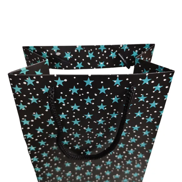 PACK_OF_10_Black_Gift_Bag_with_Turquoise_Stars_&_Dots_Pattern