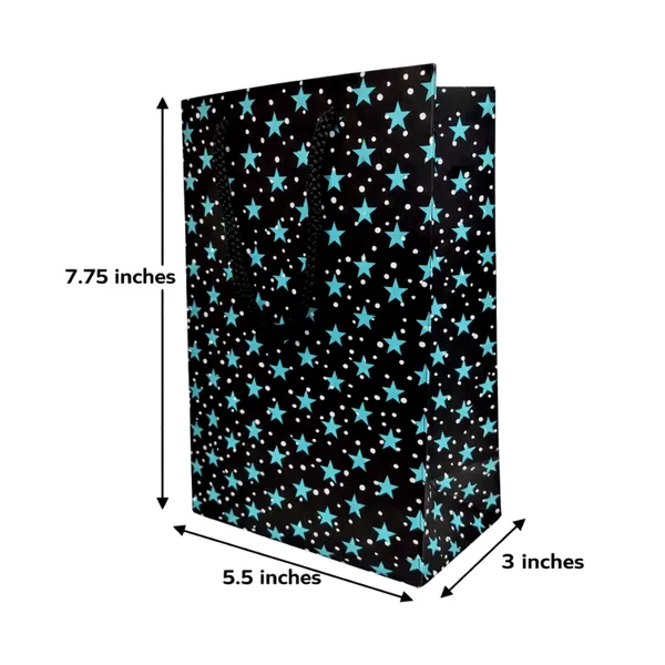 PACK_OF_10_Black_Gift_Bag_with_Turquoise_Stars_&_Dots_Pattern