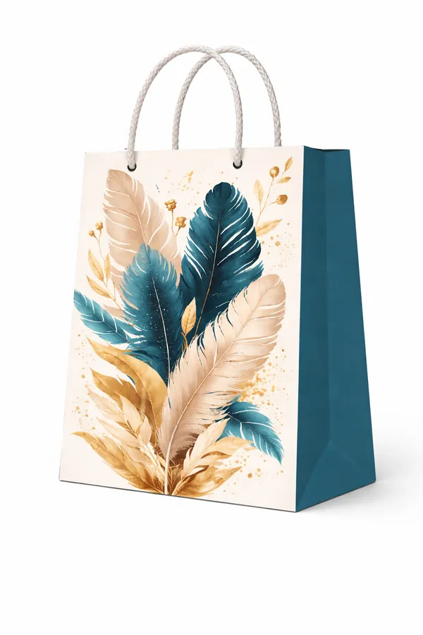 (PACK_OF_10)_Feather_Design_Gift_Bag_-_Teal_&_Gold