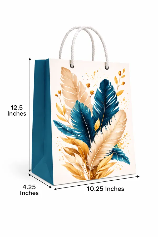 (PACK_OF_10)_Feather_Design_Gift_Bag_-_Teal_&_Gold