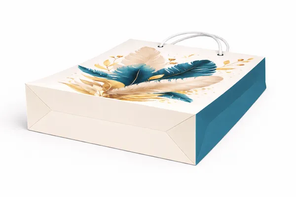 (PACK_OF_10)_Feather_Design_Gift_Bag_-_Teal_&_Gold