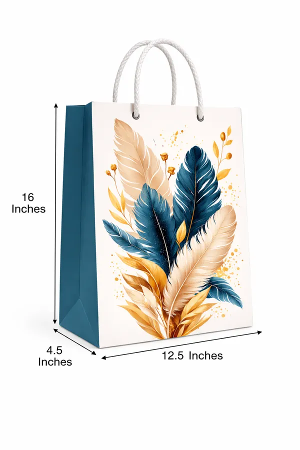 (PACK_OF_10)_Feather_Design_Gift_Bag_-_Teal_&_Gold